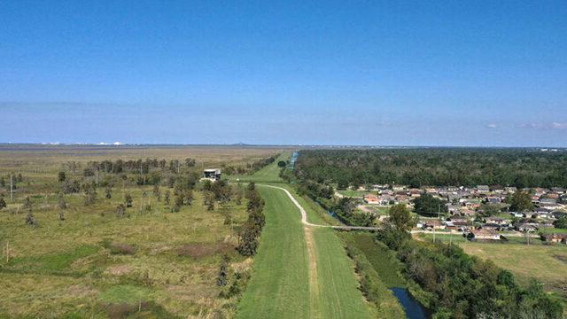 沿土堤眺望——中环湿地是水浸源头(右)，为邻近居民提供保护